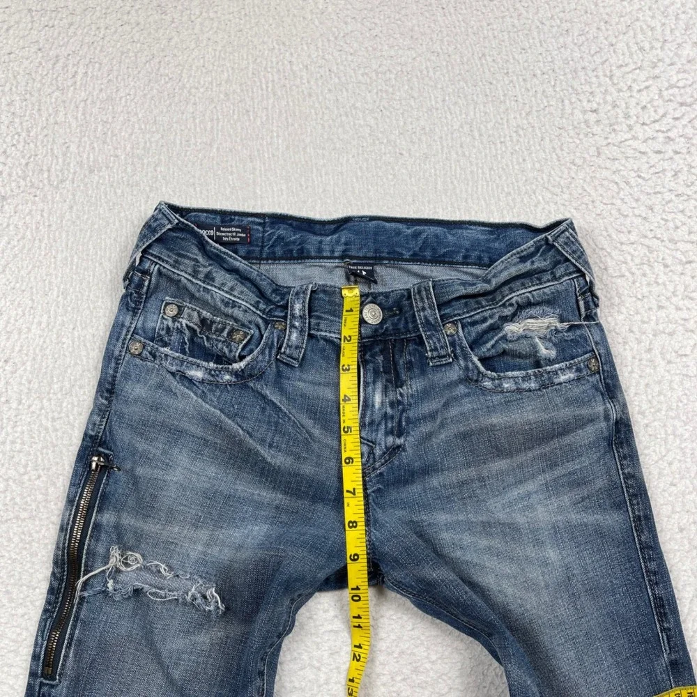 True Religion Rocco Jeans Mens 29 Blue Distressed Relaxed Skinny Side Zip Moto